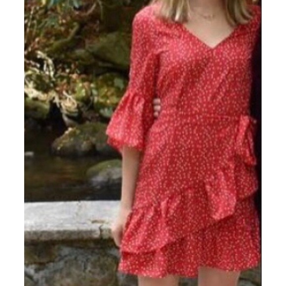 Lulus Dresses & Skirts - Lulu's Red Polka Dot Mini Wrap Dress Size Medium Ruffle Sleeve Cocktail Romantic